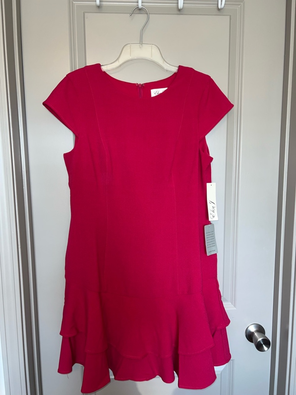 Eliza J Ruffle Hem Short Cap Sleeve Crepe Dress Berry/Red Barbie Size 14 NWT